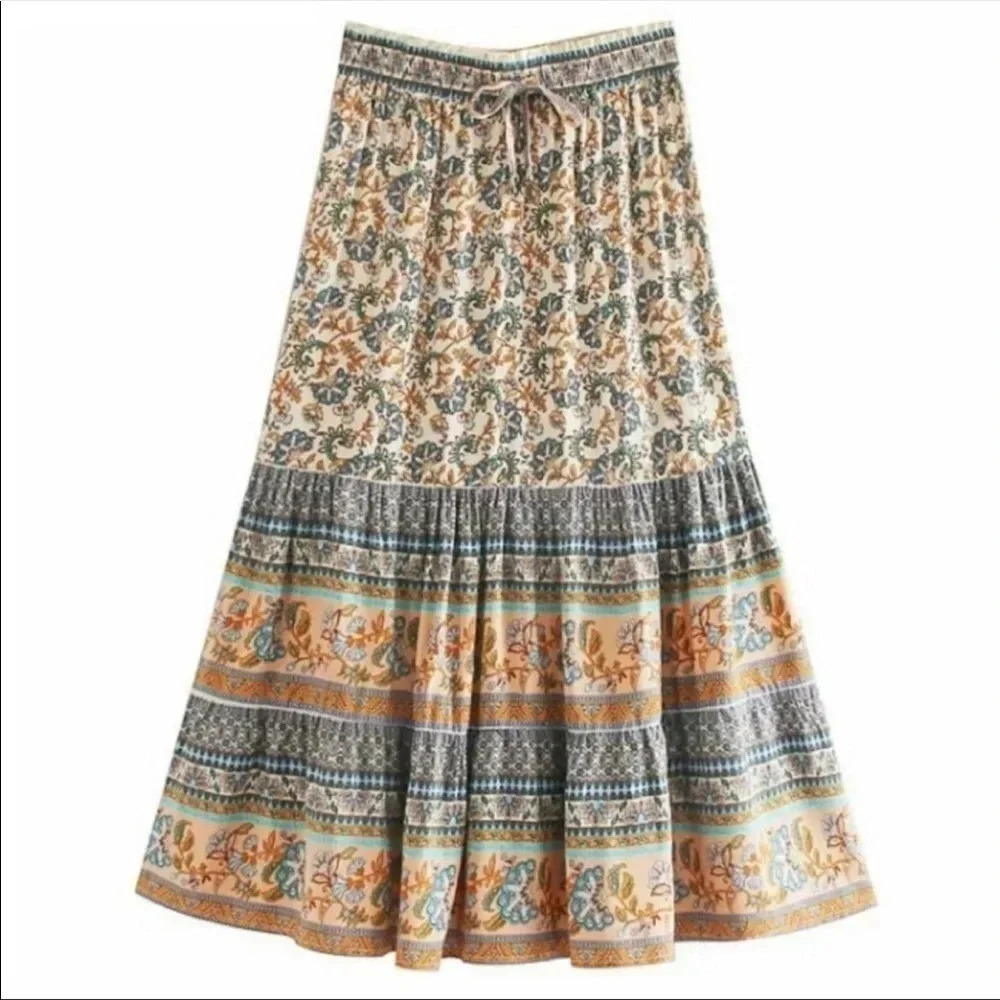 Boho Floral Maxi Skirt | Flowy Cotton Bohemian Festival Skirt - Picture 2 of 4